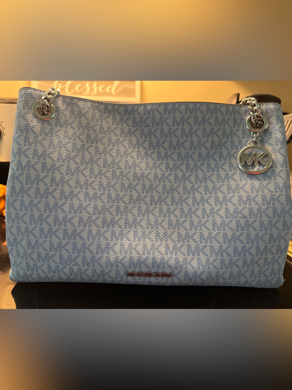 Michael Kors Christina Medium Signature Logo Shoulder Bag Pale Ocean